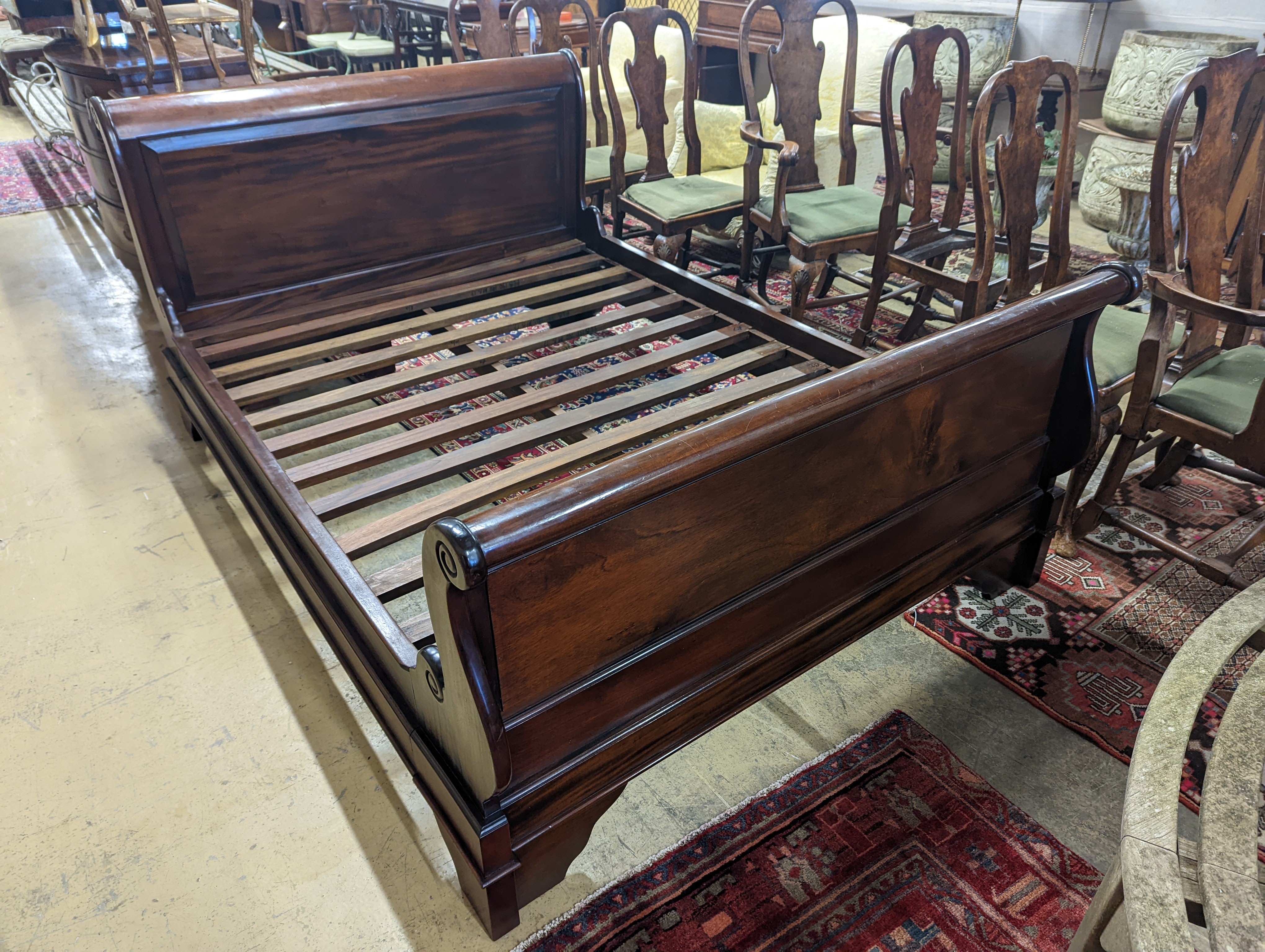 A French style mahogany sleigh bed, length 210cm, width 148cm